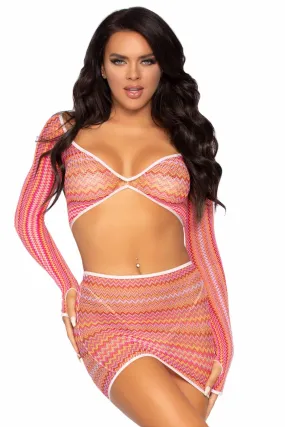 2 Piece Zigzag Net Gauntlet Sleeve Crop Top & Mini Skirt Set