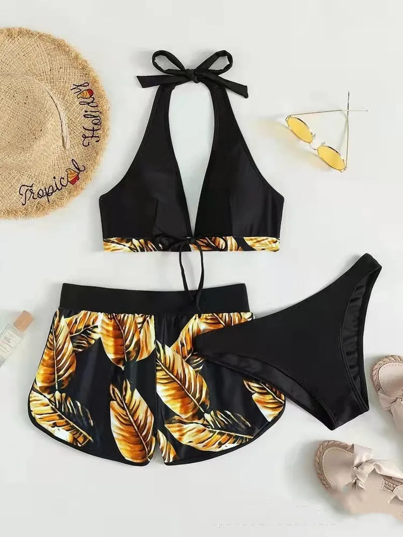 3Pcs Leaf Print Bikini with Shorts Fashion Summer Beach Swimsuit Womens Clothing