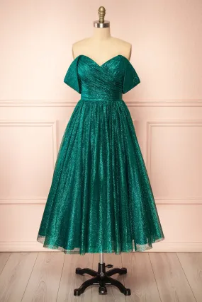 Anastriana Green | Sparkly Off-Shoulder Midi Dress