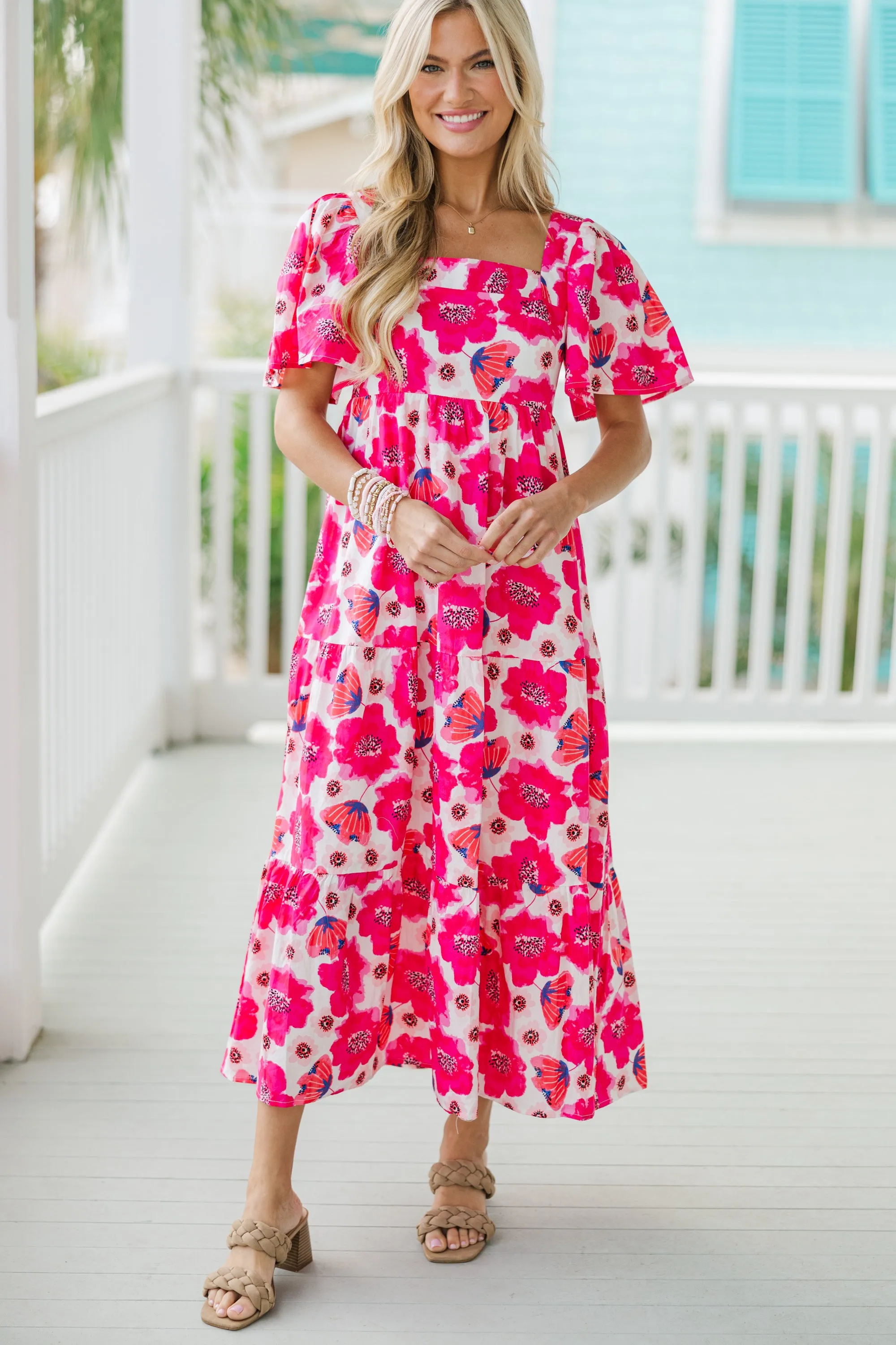 Answer The Call Hot Pink Floral Midi Dress