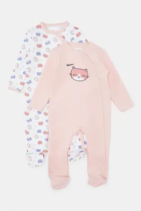 Baby White And Pink Printed Sleepsuit Set (Pack Of 2)