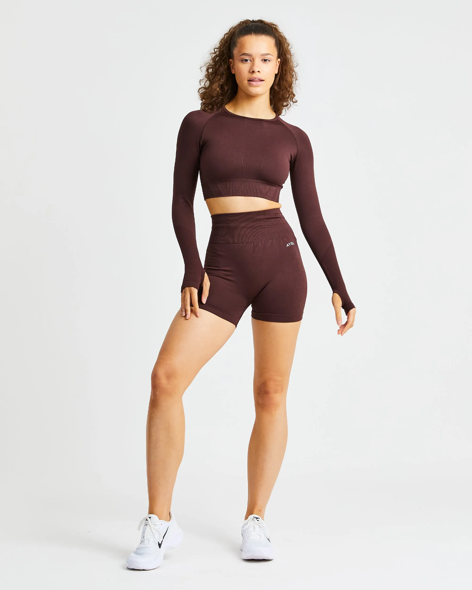 Balance V2 Seamless Long Sleeve Crop Top - Chocolate Brown