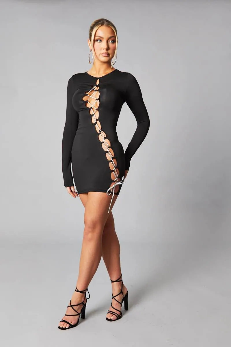 Black Lace Up Detail Long Sleeve Bodycon Mini Dress - Renho