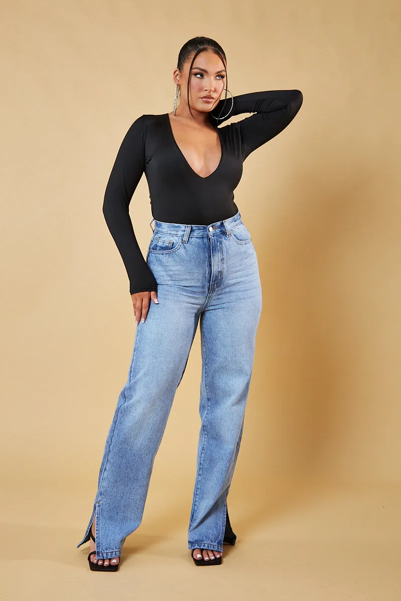 Black Plunge Neck Long Sleeve Bodysuit - Edith