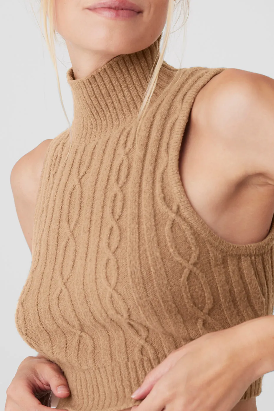 Cable Knit Winter Bliss Mock Neck Tank - Toasted Almond