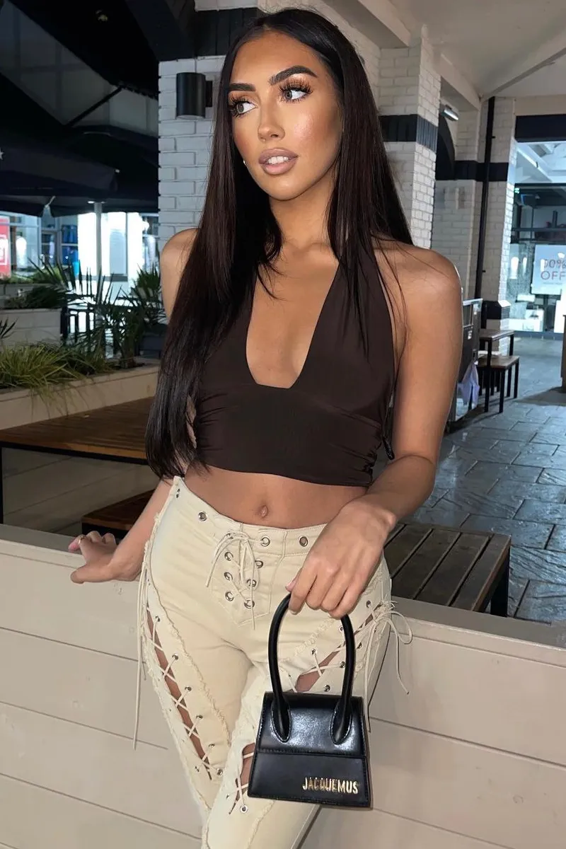 Chocolate Halter Neck Slinky Crop Top - Jessabel