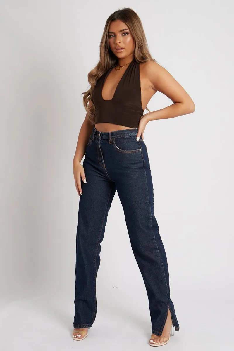 Chocolate Halter Neck Slinky Crop Top - Jessabel