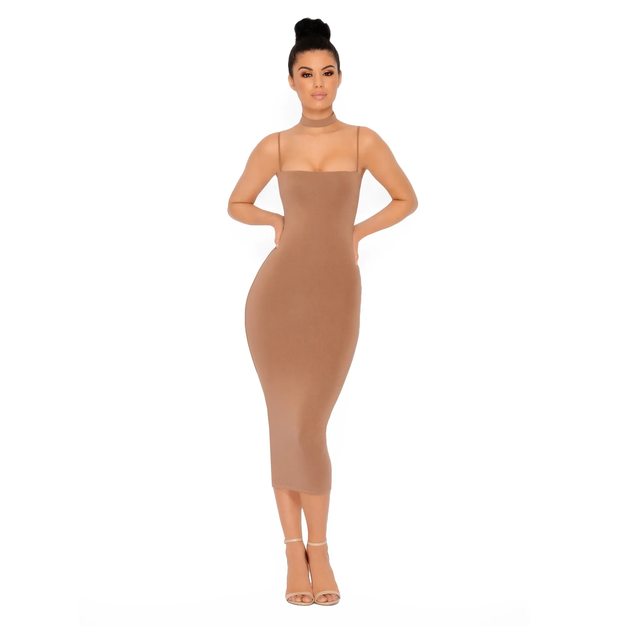 Choke Of Luck Double Layered Midi Dress with Choker in Brown