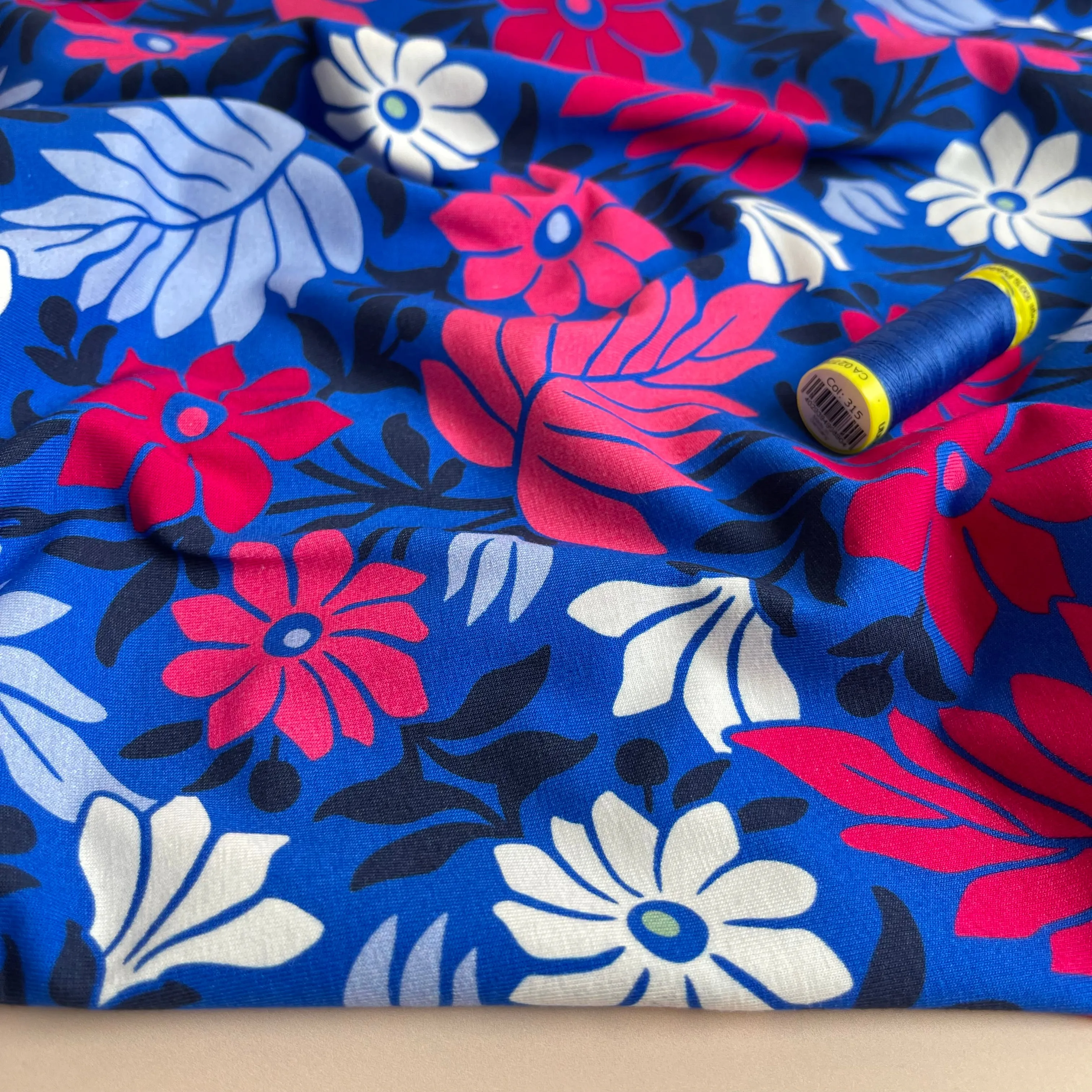 Danish Design - Graphic Flowers on Cobalt Cotton Jersey Fabric