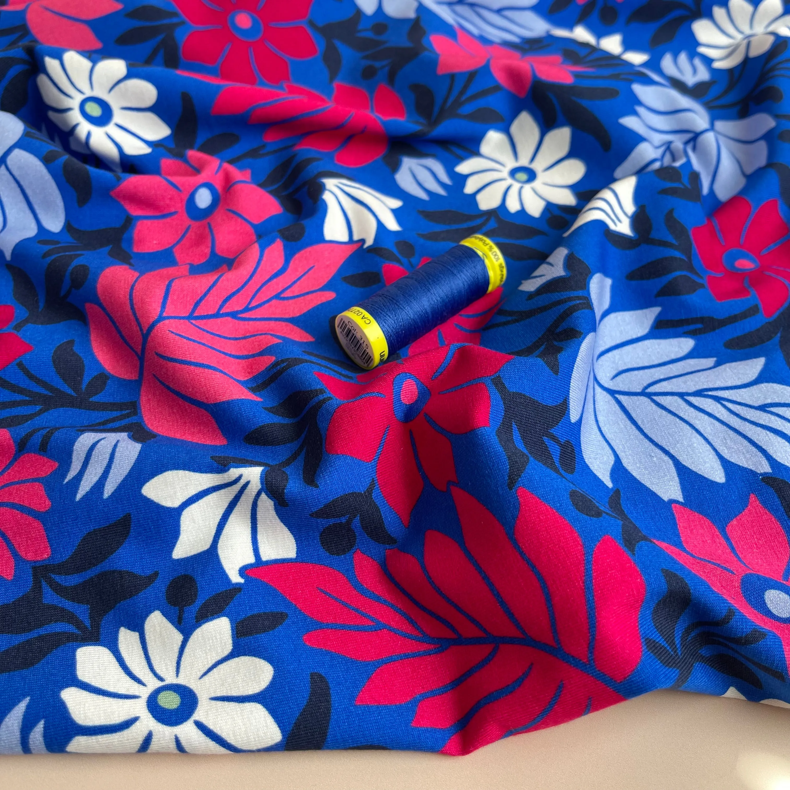 Danish Design - Graphic Flowers on Cobalt Cotton Jersey Fabric