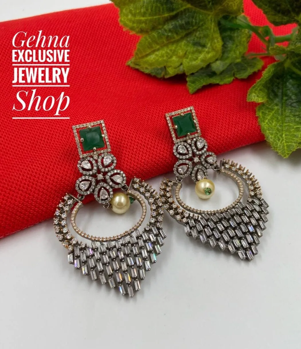 Designer Oxidized Cubic Zircon AD Wedding Danglers Earrings For Woman