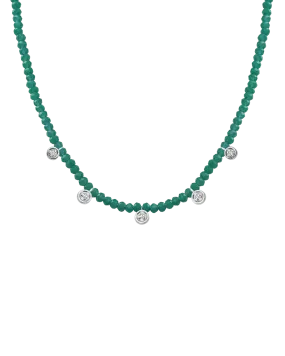 Emerald Gemstone & Five diamonds Necklace - 14K White Gold