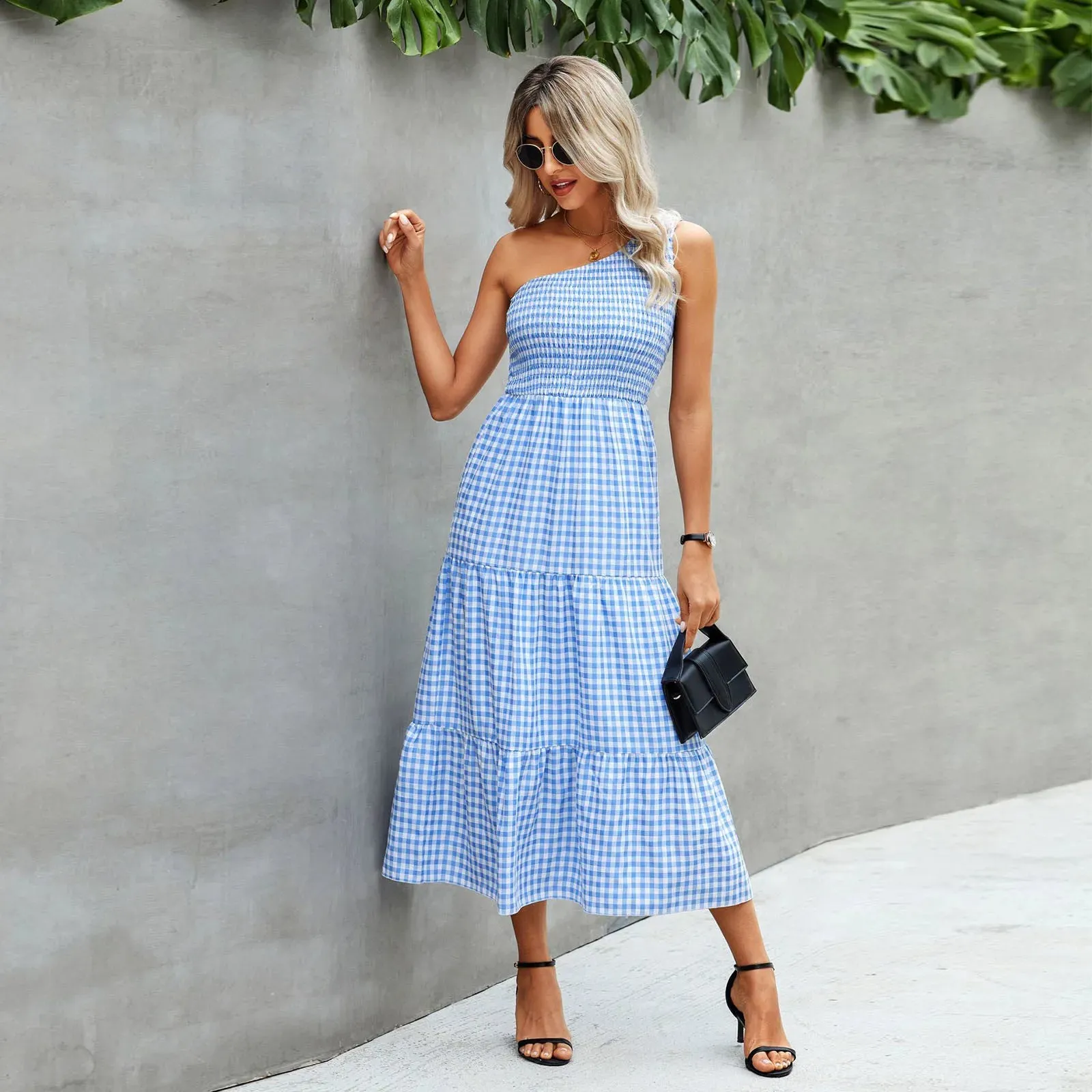 Fashionable One Shoulder Sleeveless Gingham Print 2024 Summer Casual Loose Holiday Elegant Woman Party Dress