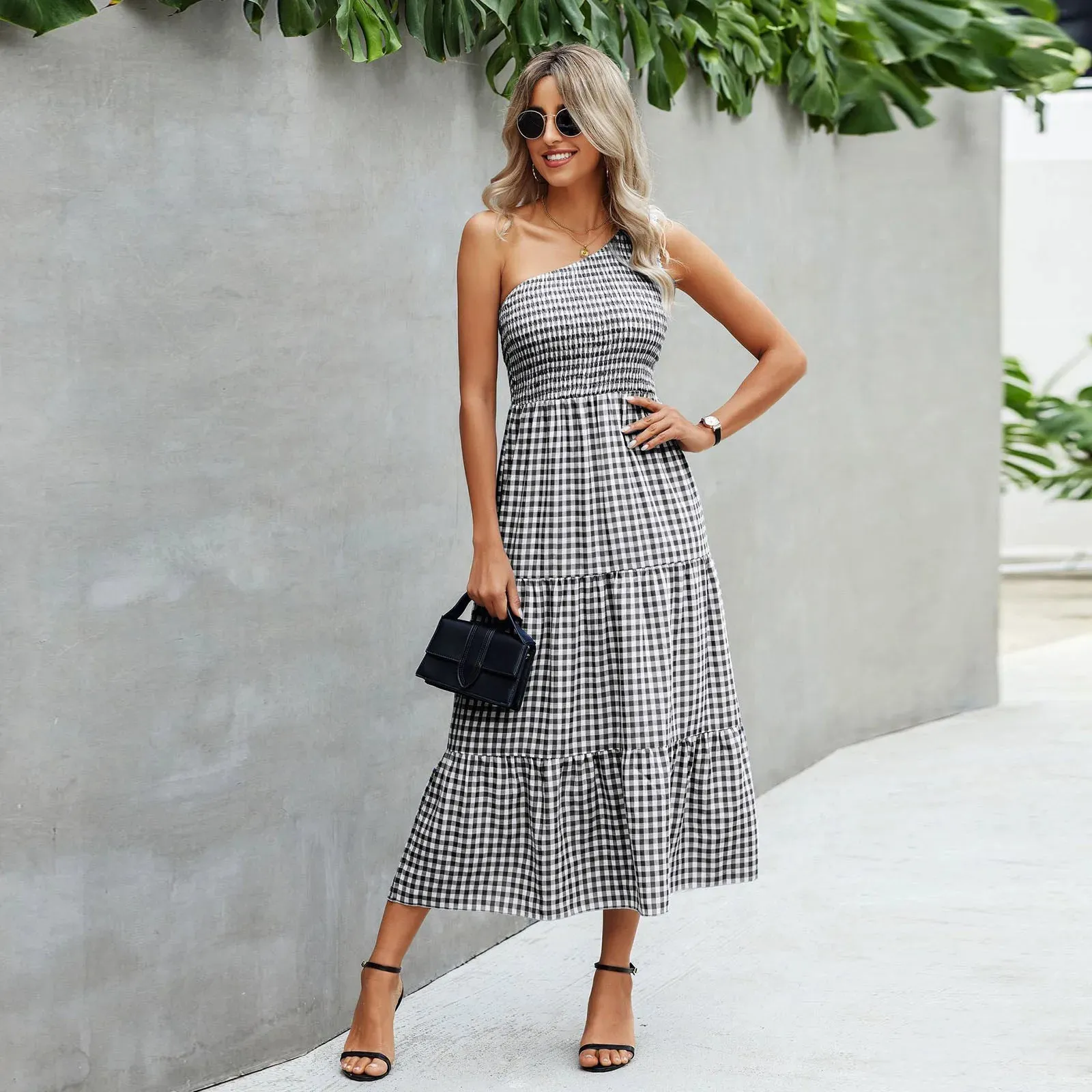 Fashionable One Shoulder Sleeveless Gingham Print 2024 Summer Casual Loose Holiday Elegant Woman Party Dress