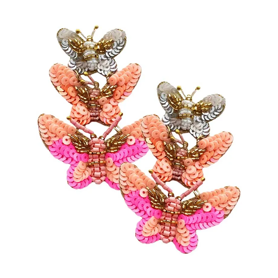 Felt Back Sequin Triple Butterfly Link Dangle Earrings