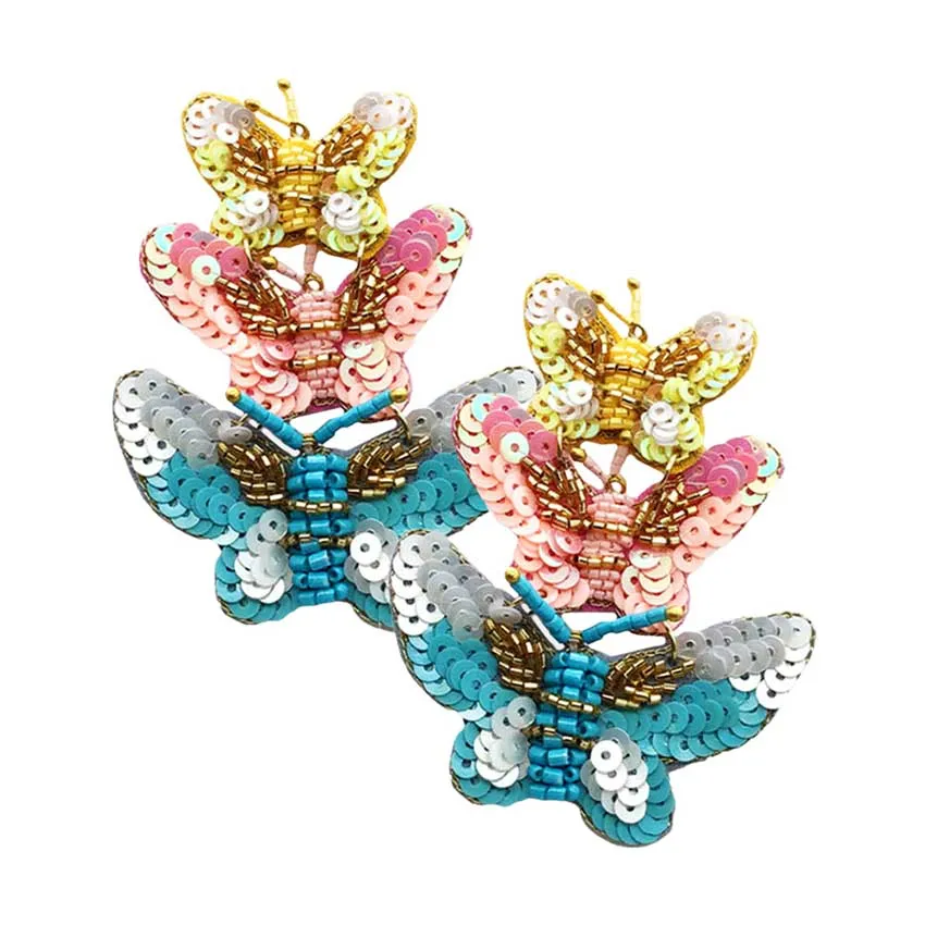 Felt Back Sequin Triple Butterfly Link Dangle Earrings