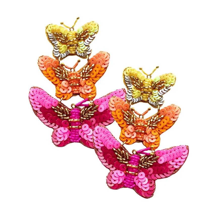 Felt Back Sequin Triple Butterfly Link Dangle Earrings