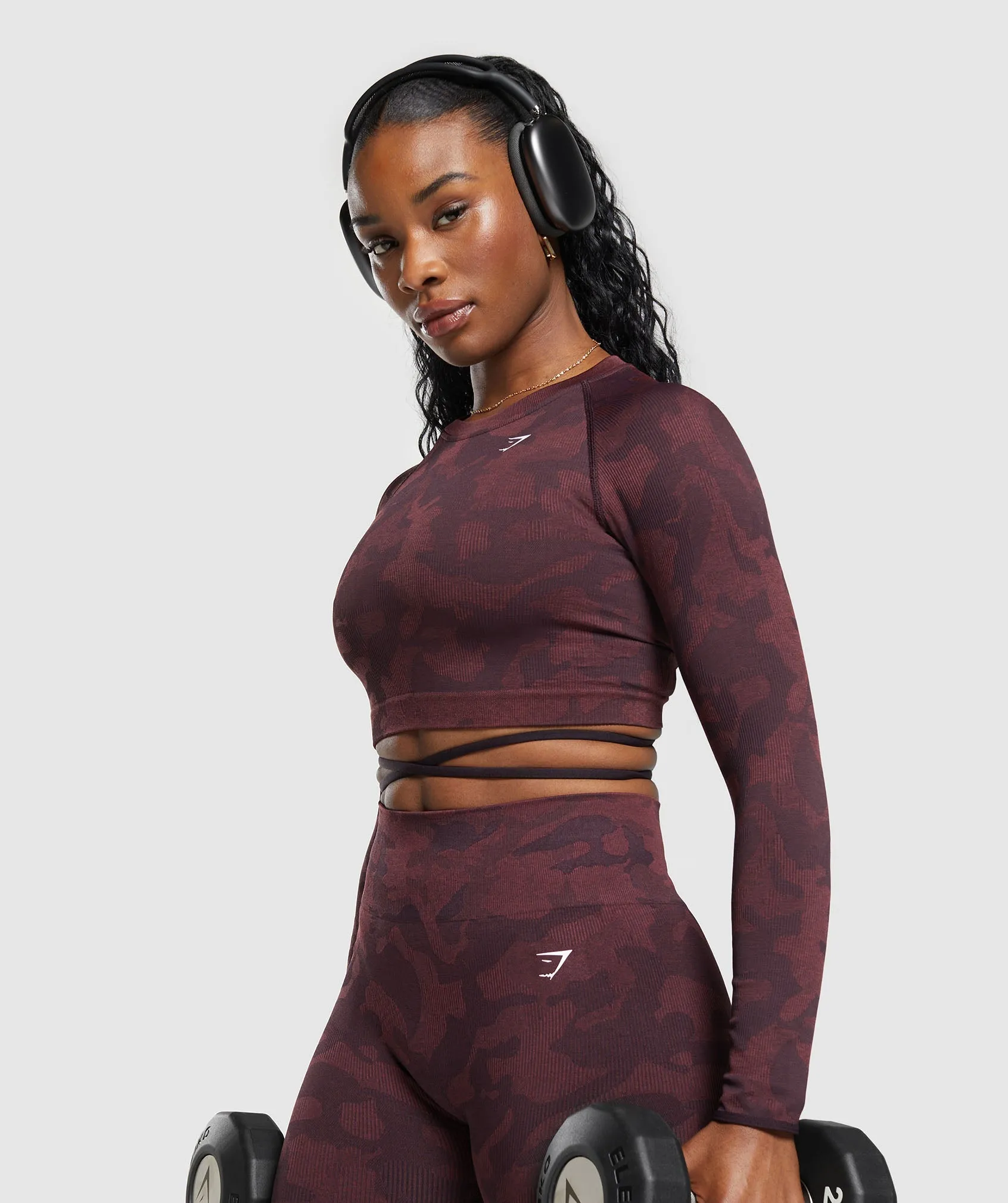 Gymshark Adapt Camo Seamless Long Sleeve Crop Top - Plum Brown/Burgundy Brown