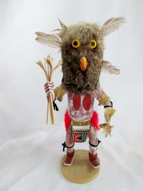 Handmade 16" KACHINA DOLL NATIVE AMERICAN Indian Fur OWL BIRD Feather Shell