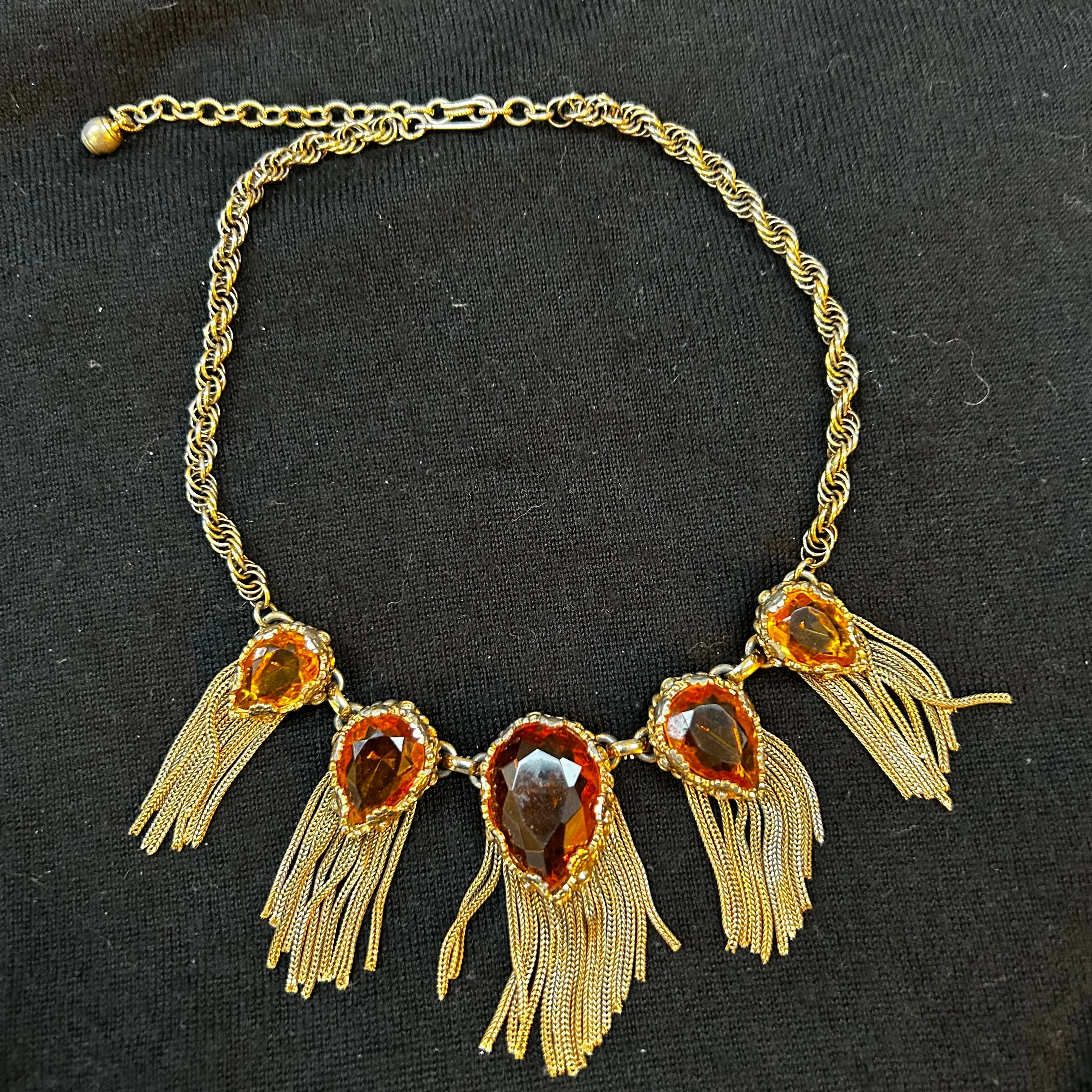 Hattie Carnegie Vintage Faceted Amber & Waterfall Chain Necklace