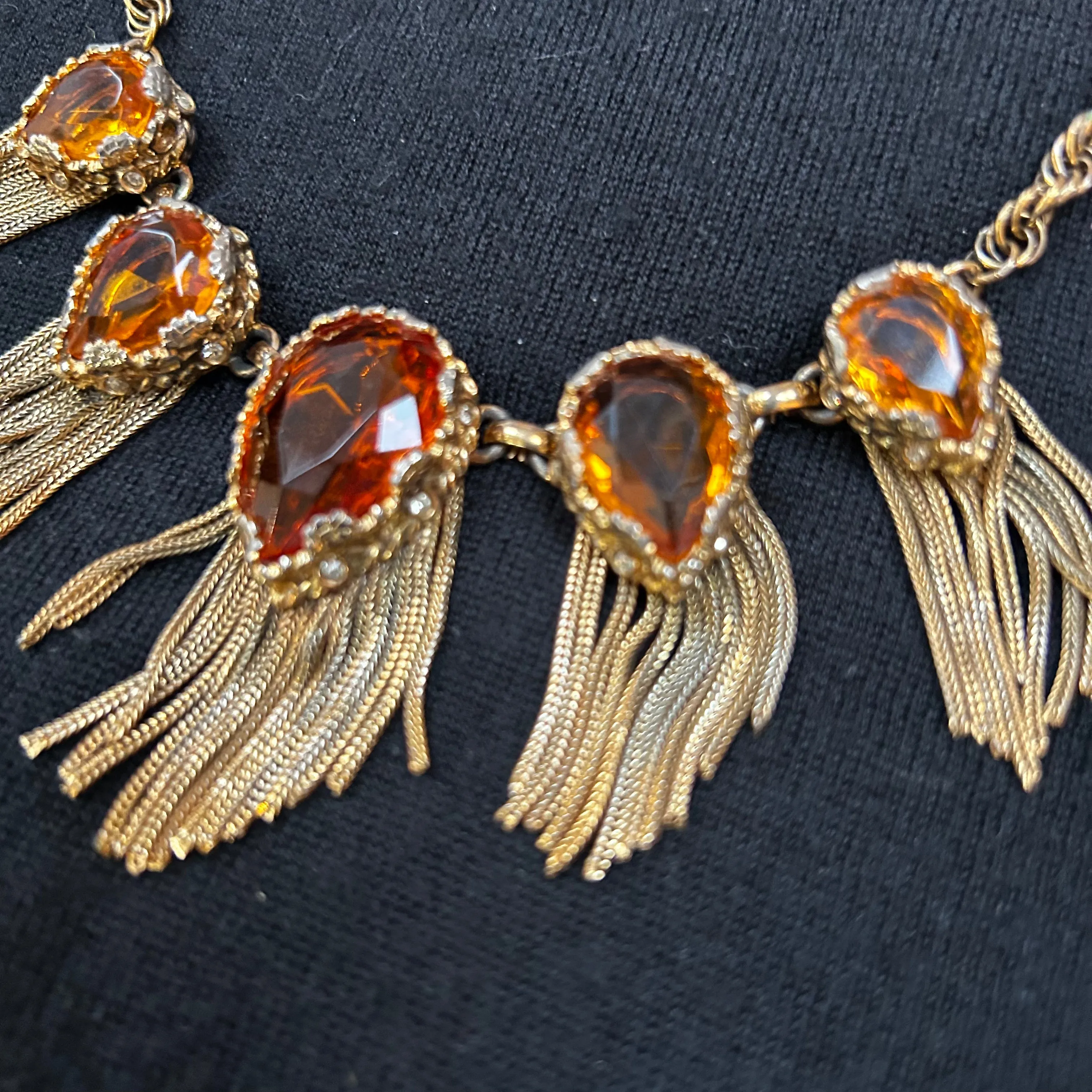 Hattie Carnegie Vintage Faceted Amber & Waterfall Chain Necklace