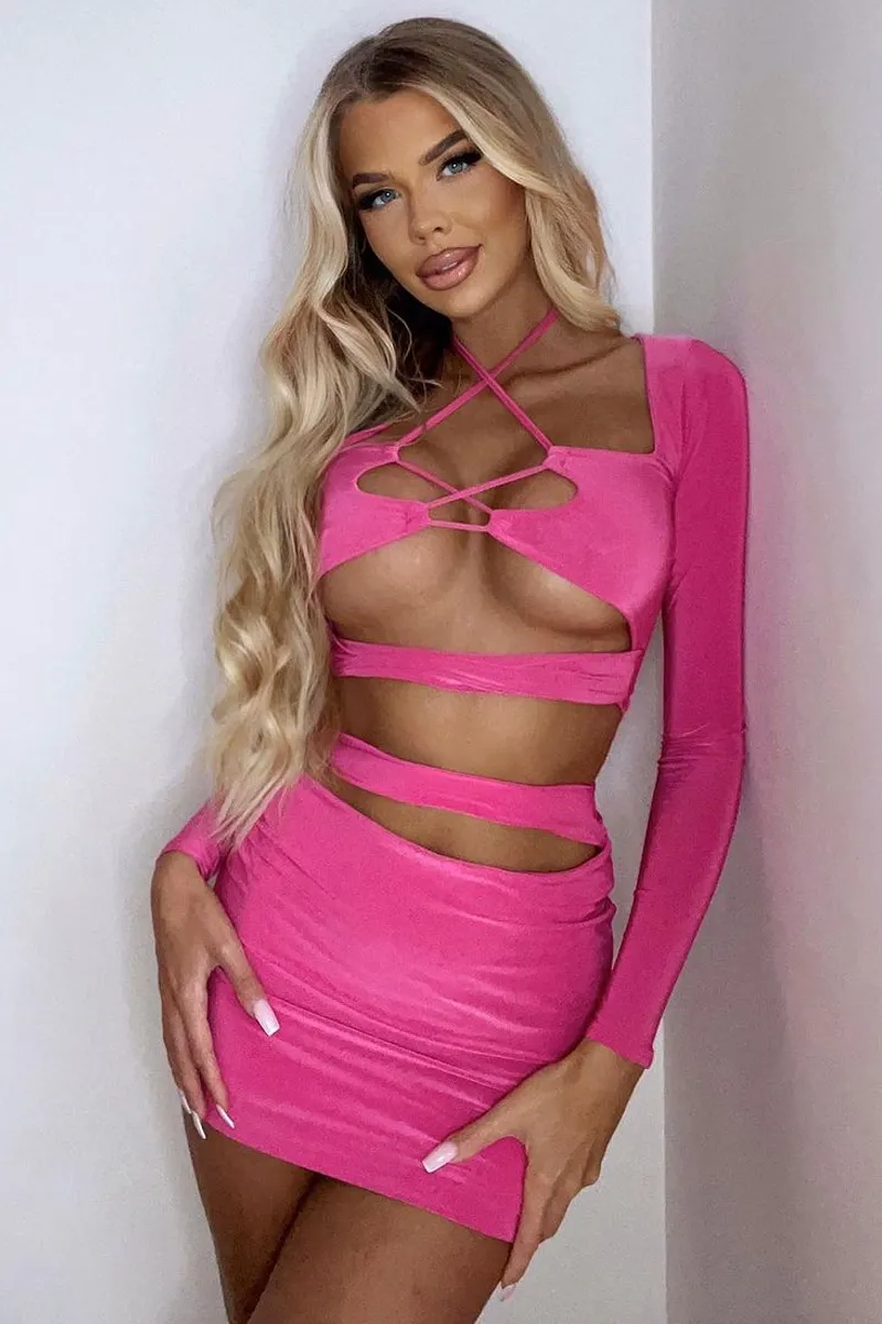 Hot Pink Cut Out Tie Front Crop Top & Mini Skirt Set - Kayla