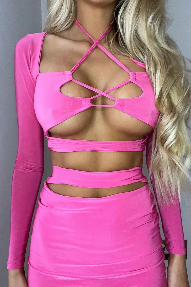 Hot Pink Cut Out Tie Front Crop Top & Mini Skirt Set - Kayla