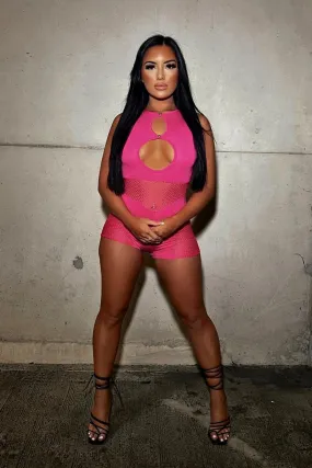 Hot Pink Fishnet Keyhole Playsuit - Jamila