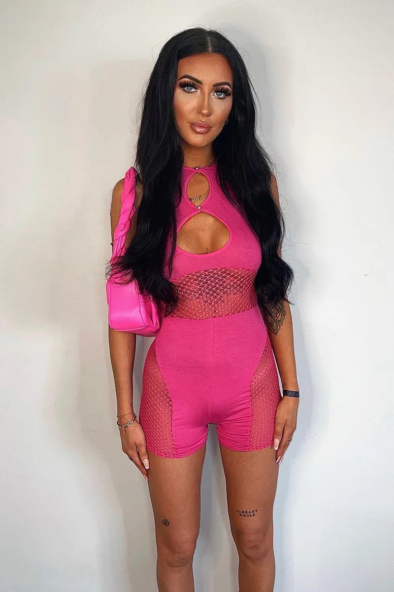 Hot Pink Fishnet Keyhole Playsuit - Jamila