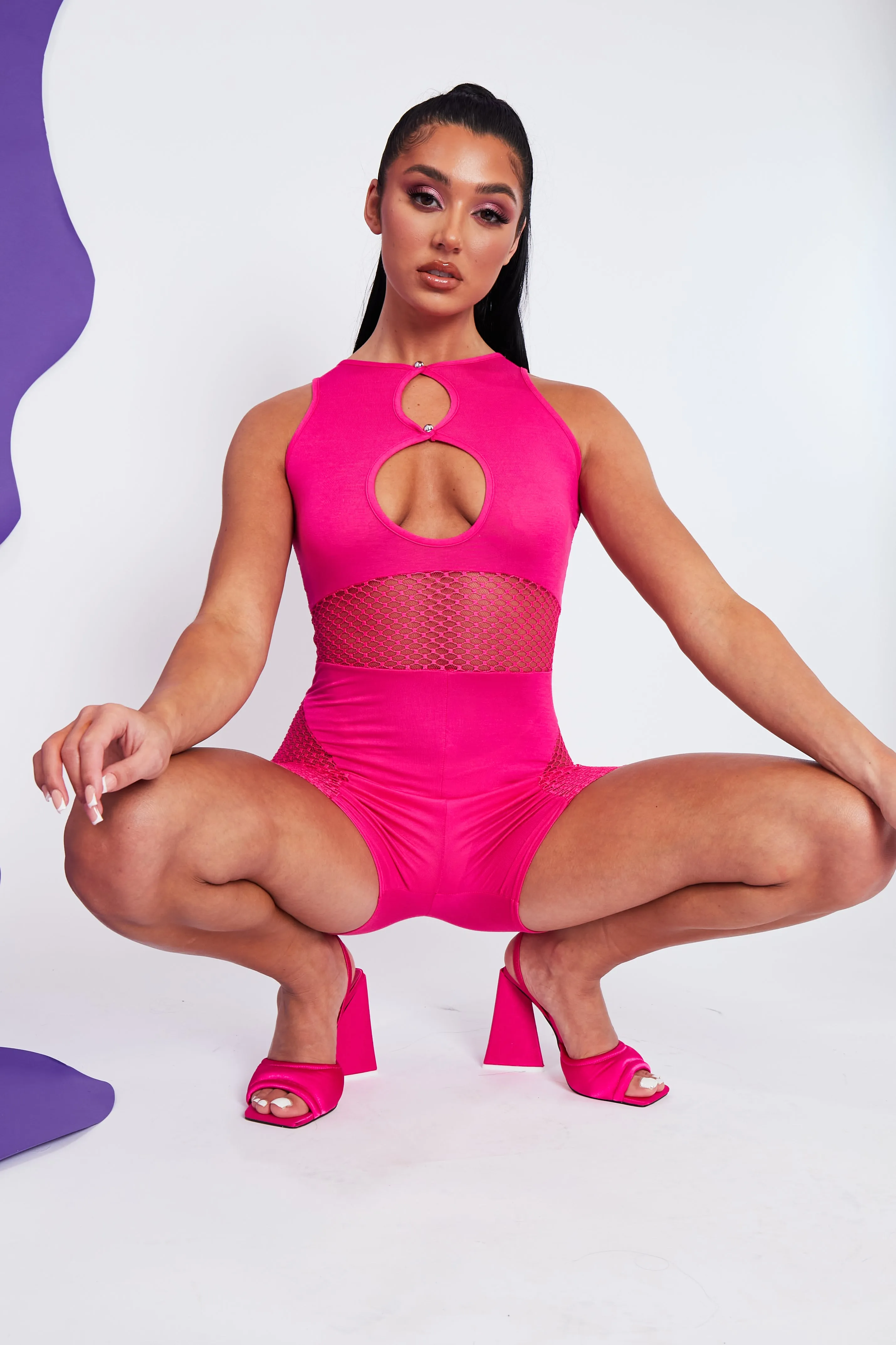 Hot Pink Fishnet Keyhole Playsuit - Jamila