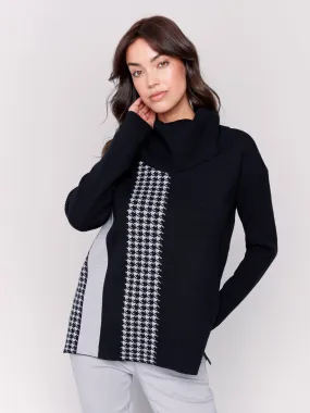 Houndstooth Stripe Cowl Neck Sweater - Black