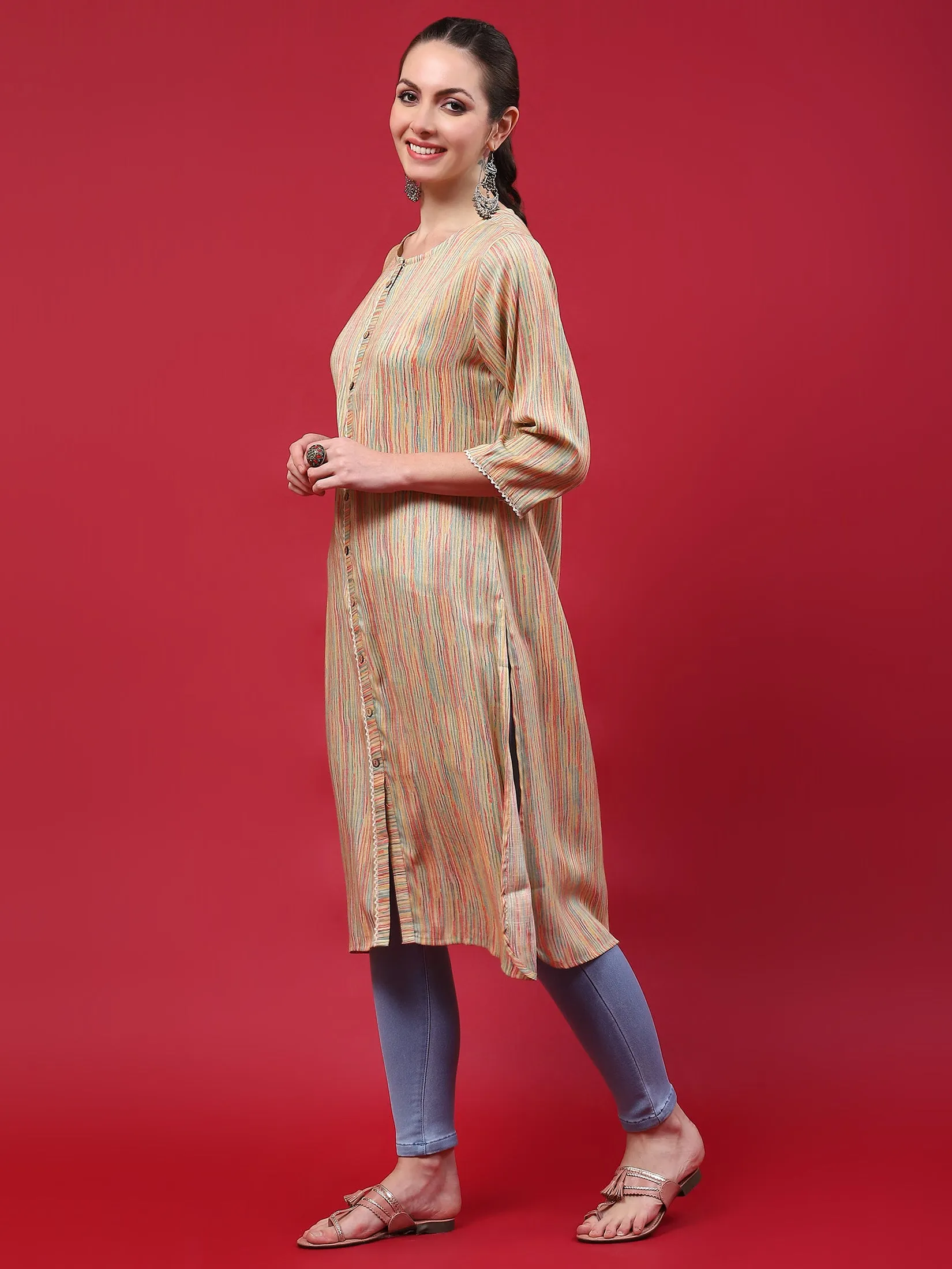 Indiessence Women Beige Stripe Printed Kurta