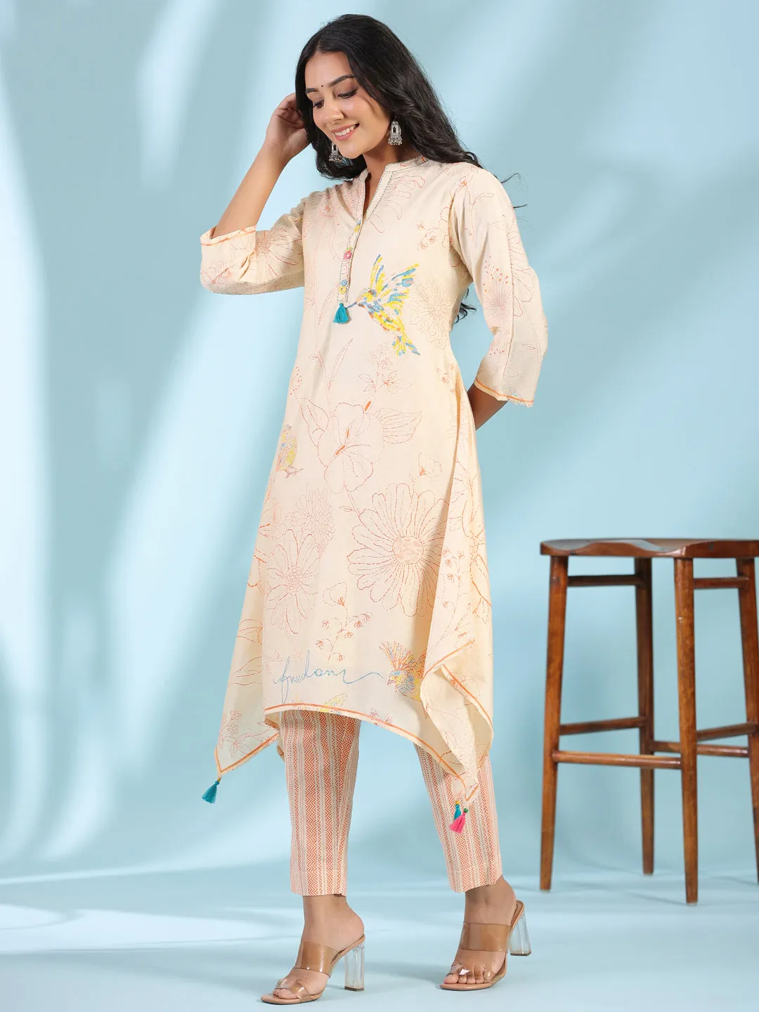 Juniper Naylon Dobby Peach Floral Printed Lacy Kurta With Pants With Contrast 3D Handwork