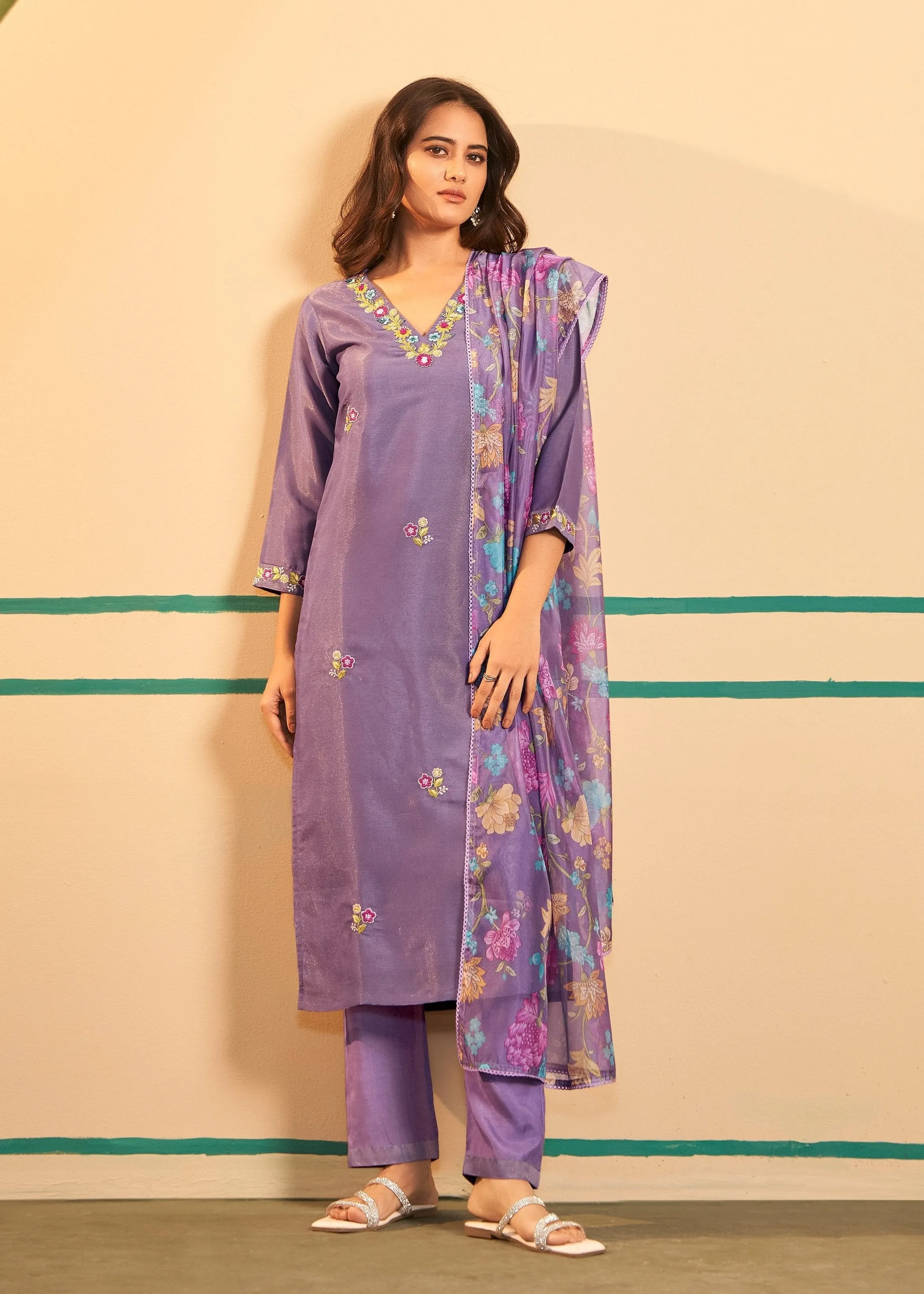 Kajal Orchid Shimmer Full Work Suit Set