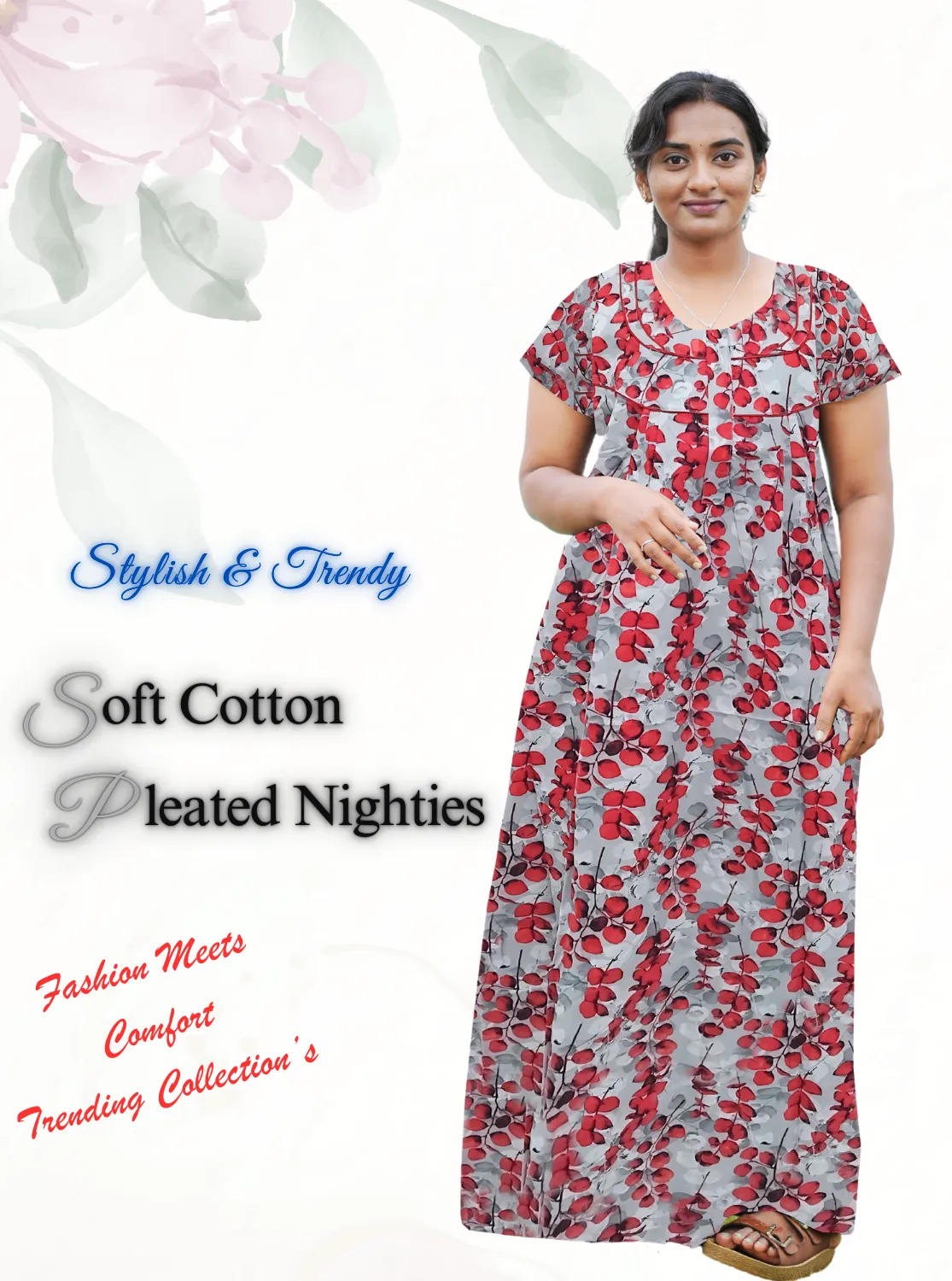 MANGAI New Regular Fit Cotton Printed Pleated Nighties - All Over Printed Stylish Nighties | Side Cut Pocket | Front Open Zipper Type | Beautiful Nighties for Stylish Women's (PLE)