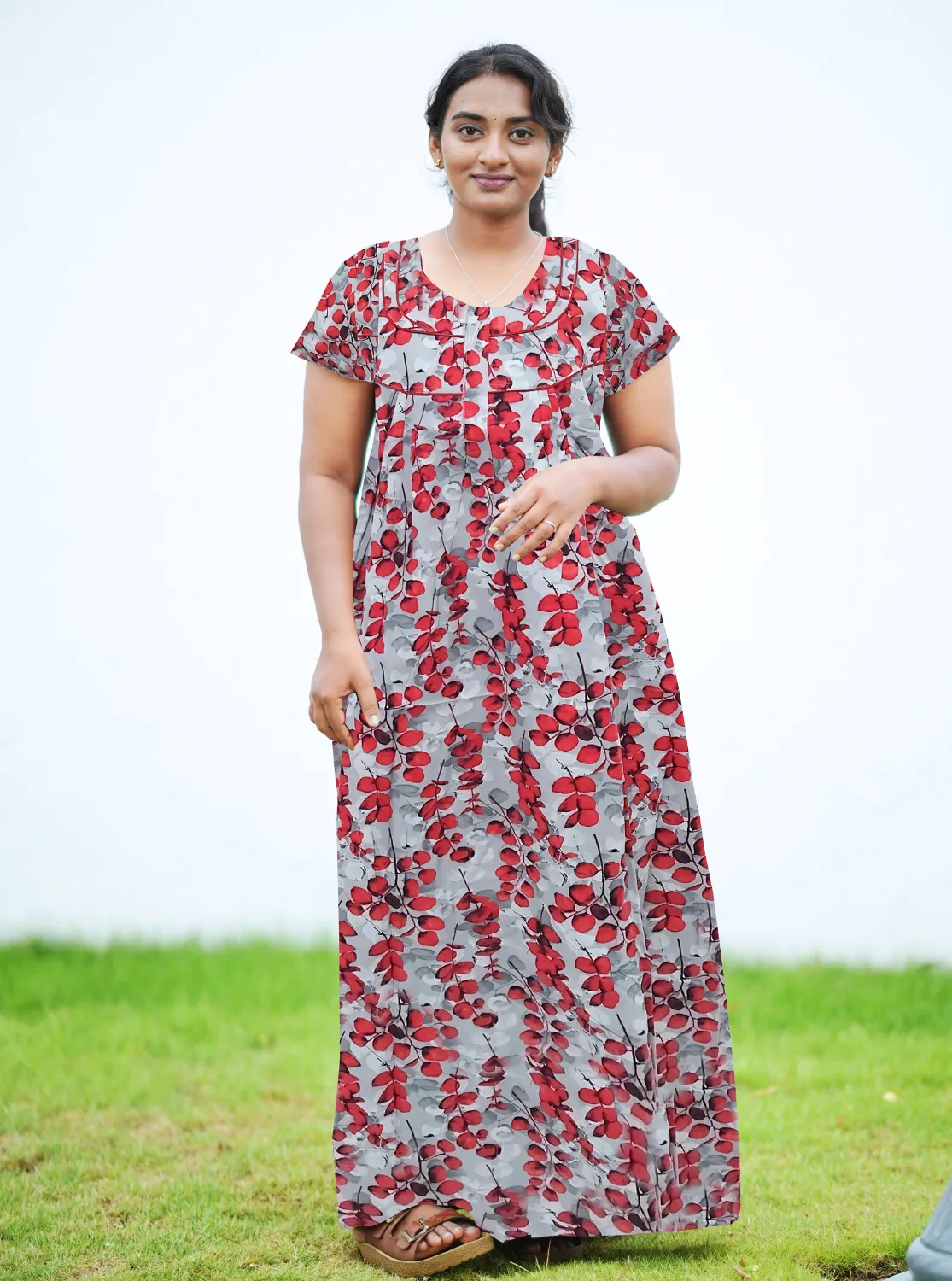 MANGAI New Regular Fit Cotton Printed Pleated Nighties - All Over Printed Stylish Nighties | Side Cut Pocket | Front Open Zipper Type | Beautiful Nighties for Stylish Women's (PLE)