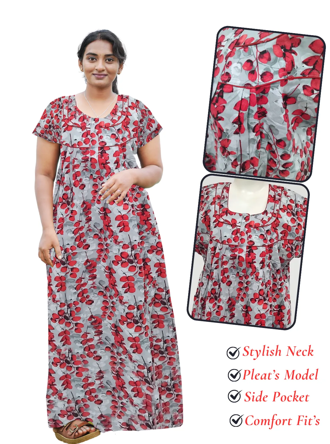 MANGAI New Regular Fit Cotton Printed Pleated Nighties - All Over Printed Stylish Nighties | Side Cut Pocket | Front Open Zipper Type | Beautiful Nighties for Stylish Women's (PLE)