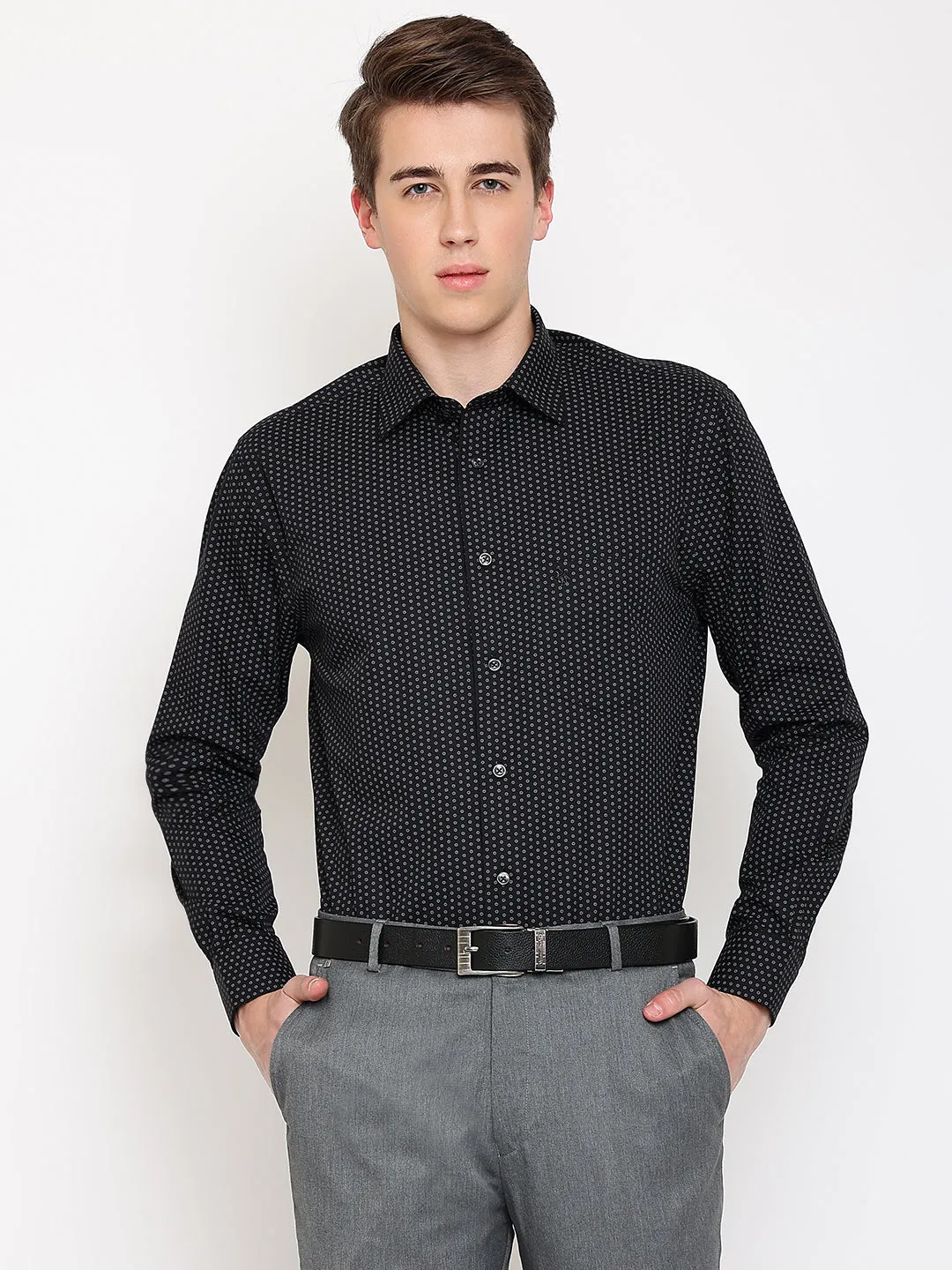 Men's Black Formal Geometric Print Full Sleeve Shirt