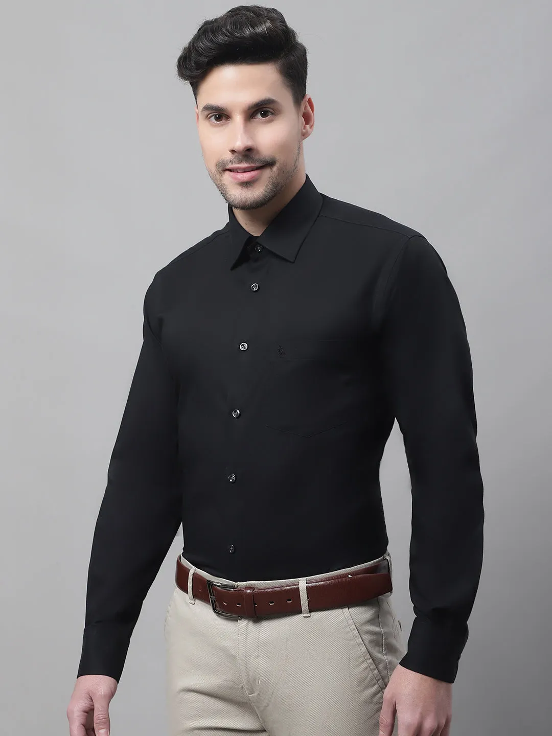 Men's Black Formal Plain Stretch Full Sleeve Shirt