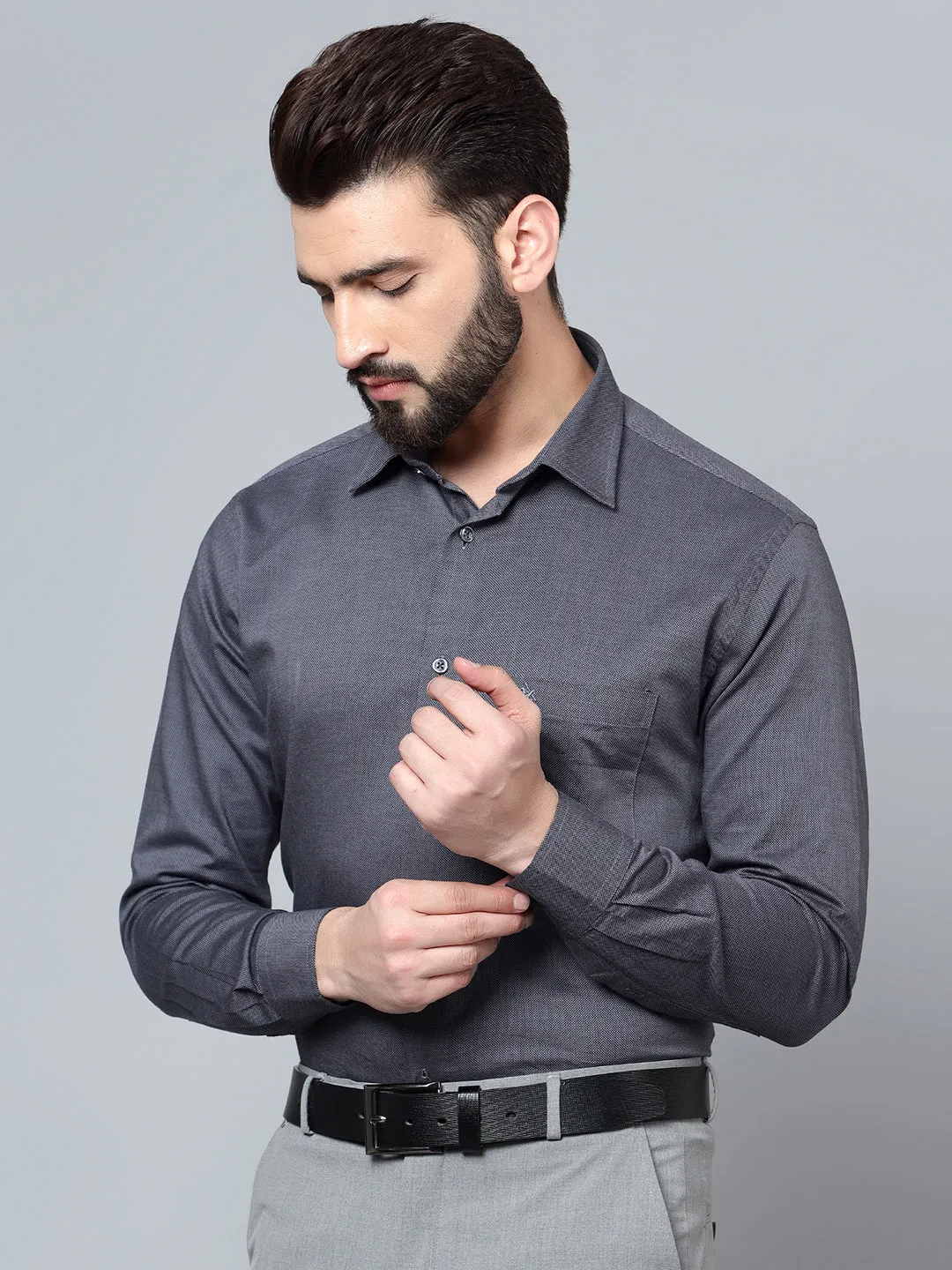 Men's Dark Grey Formal Self Textured Full Sleeve Shirt