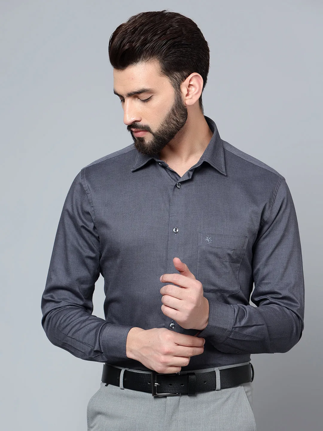 Men's Dark Grey Formal Self Textured Full Sleeve Shirt