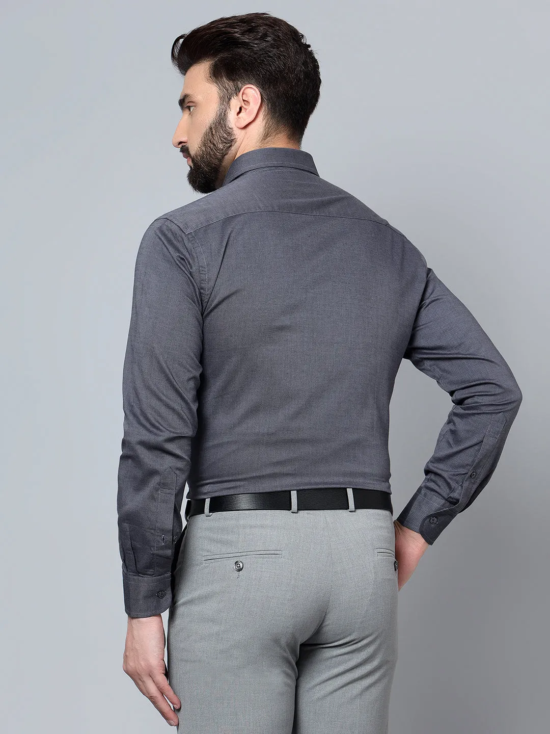 Men's Dark Grey Formal Self Textured Full Sleeve Shirt