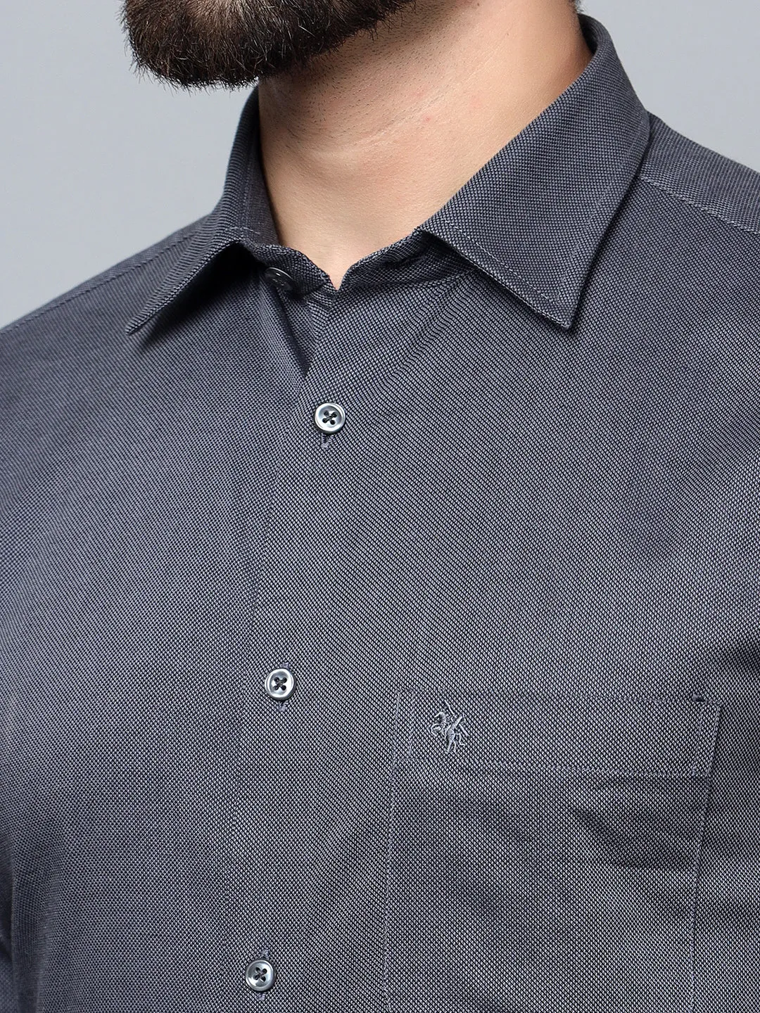 Men's Dark Grey Formal Self Textured Full Sleeve Shirt