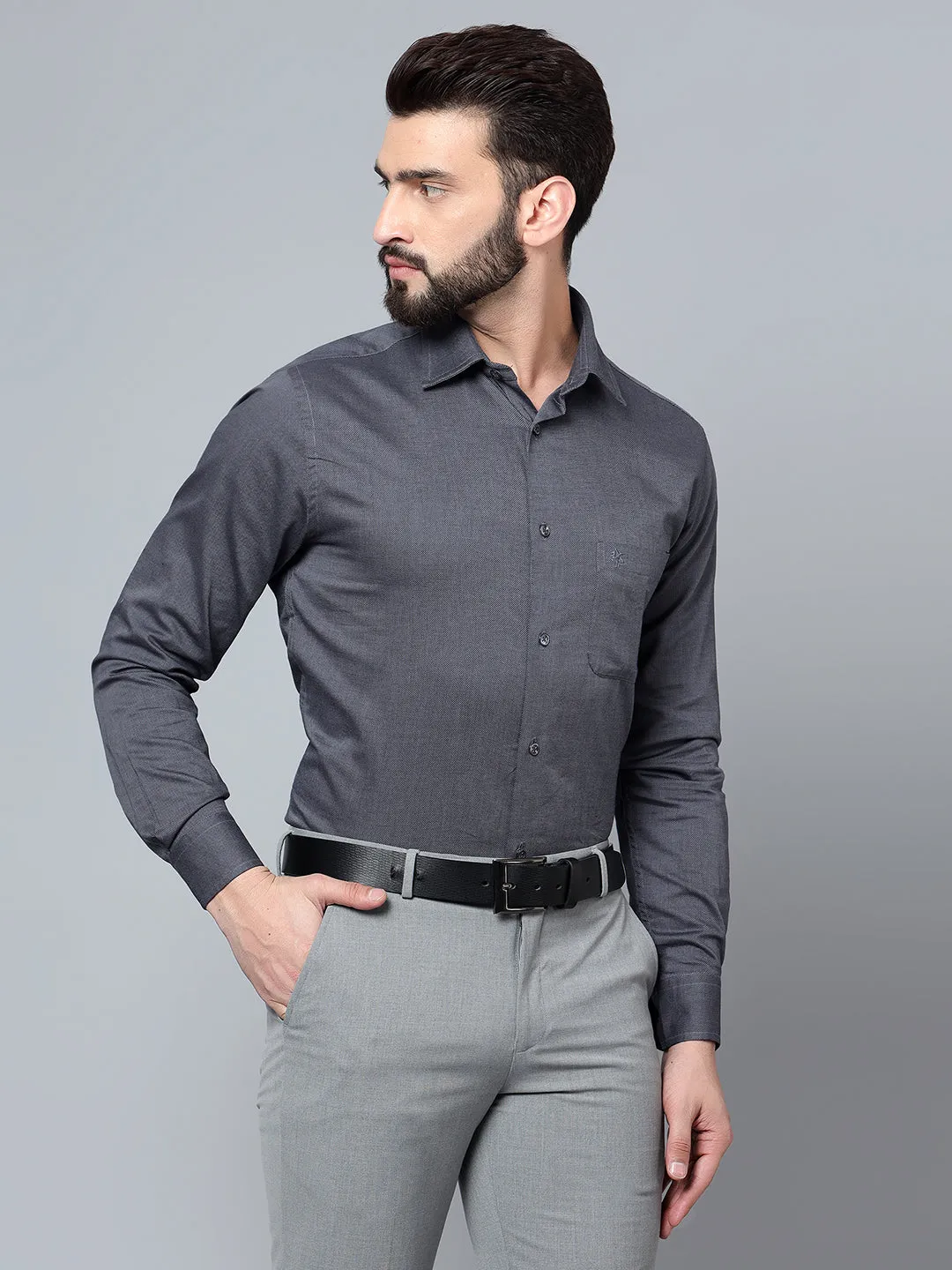 Men's Dark Grey Formal Self Textured Full Sleeve Shirt