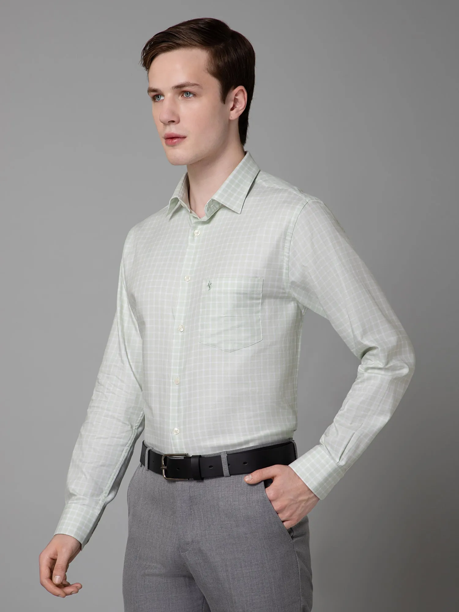 Men's Green Formal Small Checks Full Sleeve Shirt