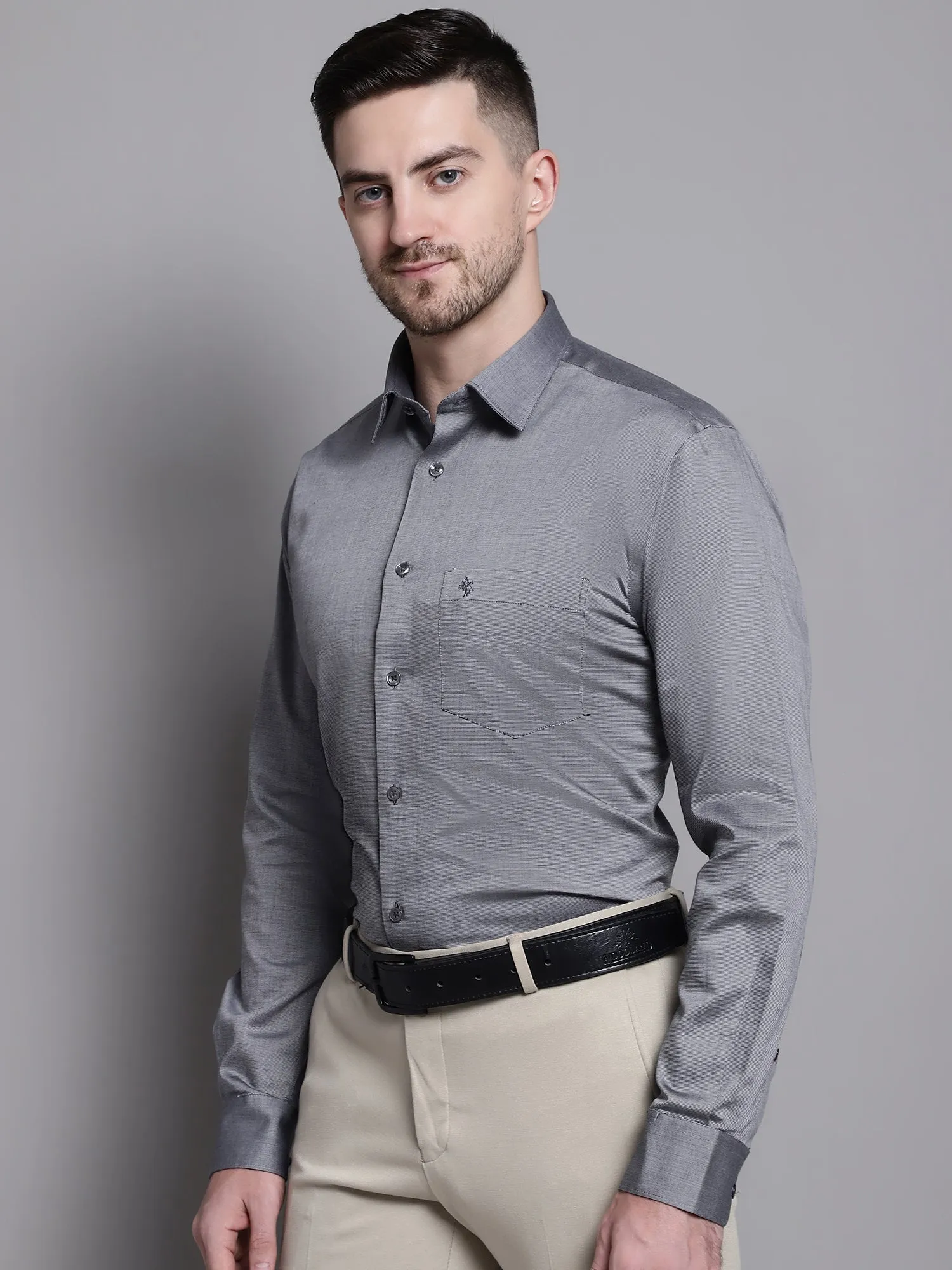 Men's Grey Formal Fil a Fil Plain Full Sleeve Shirt