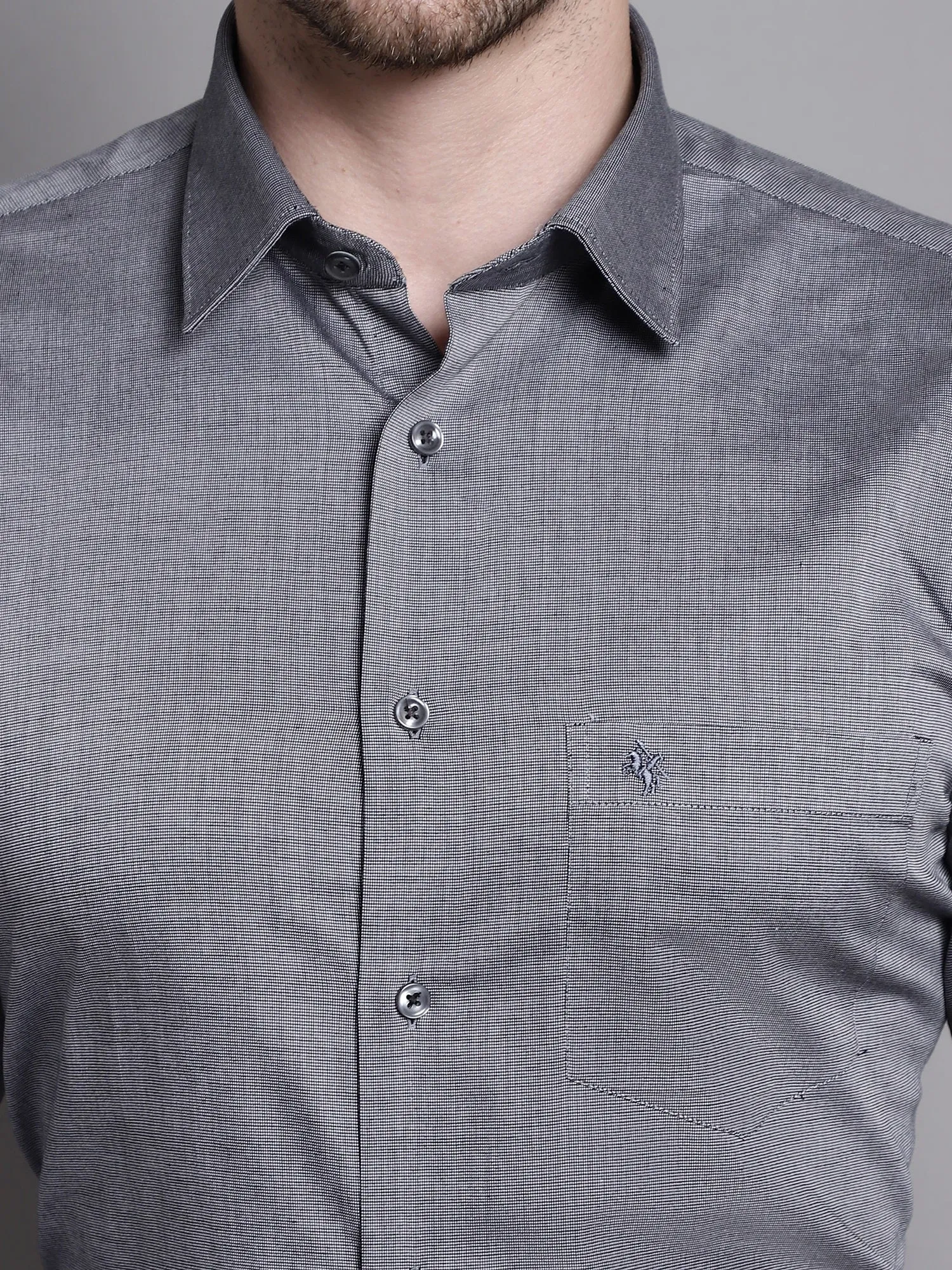 Men's Grey Formal Fil a Fil Plain Full Sleeve Shirt