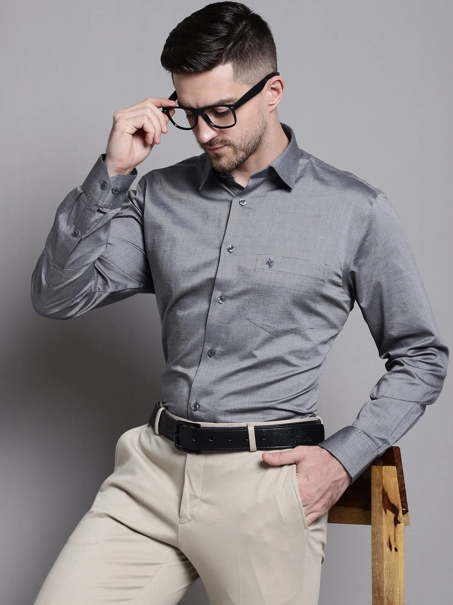 Men's Grey Formal Fil a Fil Plain Full Sleeve Shirt