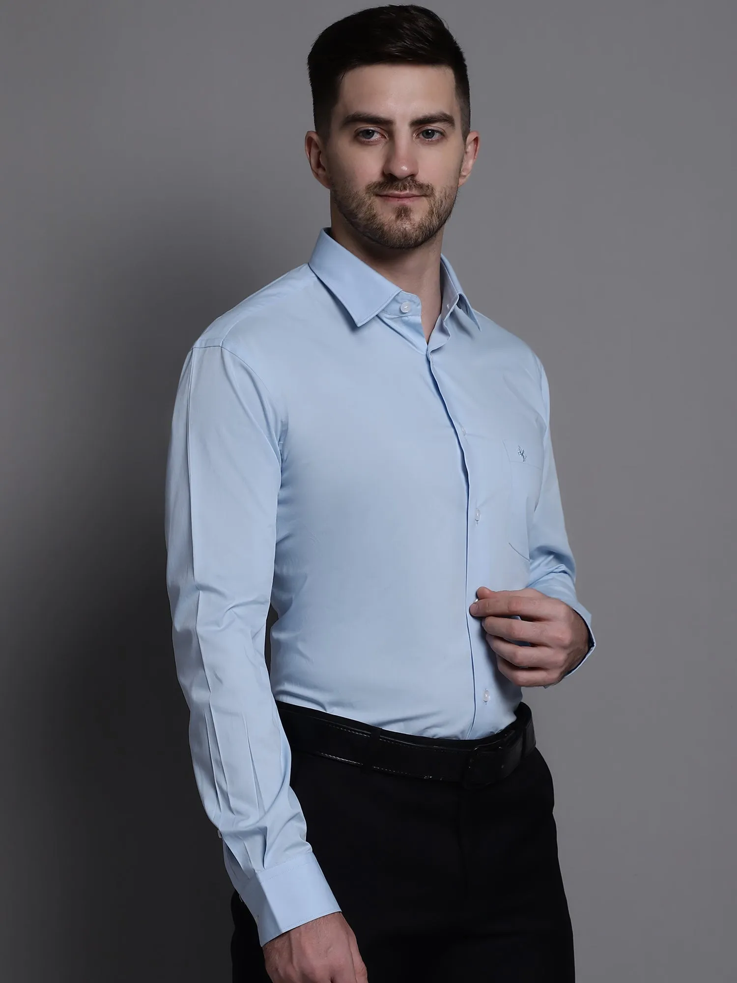 Men's Light Blue Formal Plain Stretch Full Sleeve Shirt