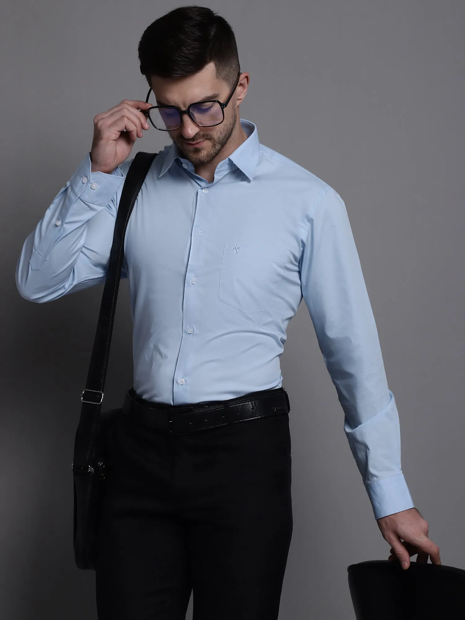 Men's Light Blue Formal Plain Stretch Full Sleeve Shirt